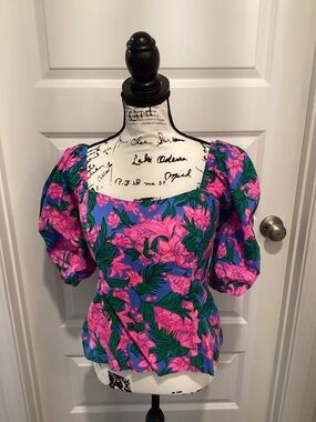 Lilly Pulitzer Pink Floral Puff-Sleeve Square Neck Top